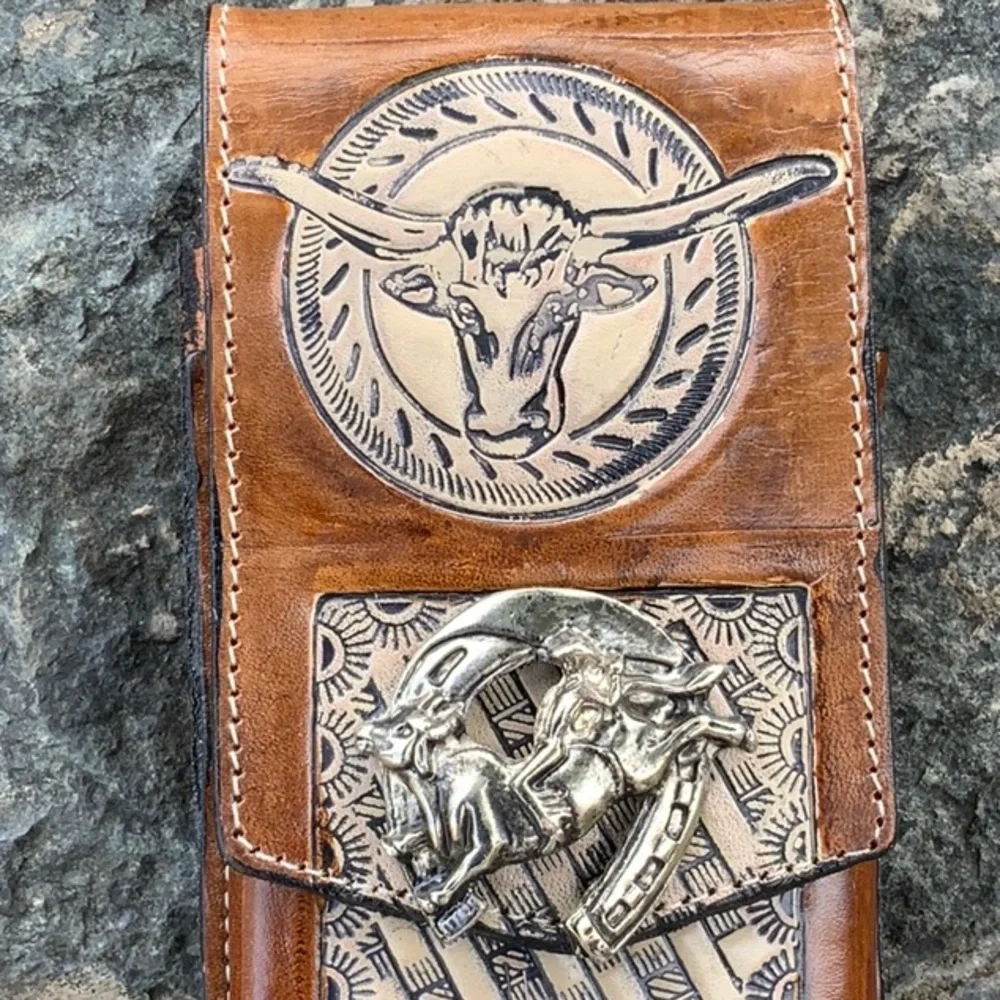 Leather Cell Phone Holder Bull Riding Rodeo